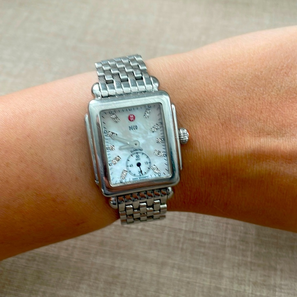 Michele Deco Stainless Watch with Diamond Inset Numerals